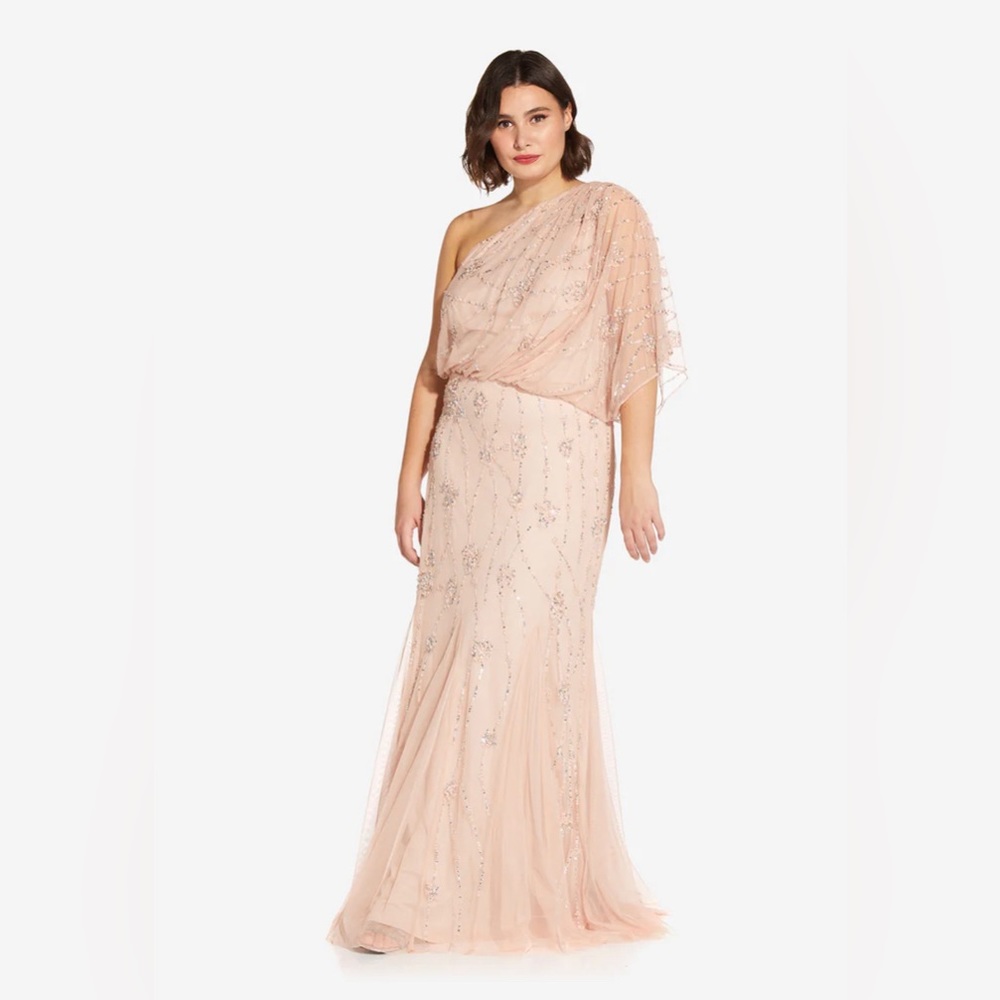Adrianna Papell One-Shoulder Beaded Blush Evening Gown